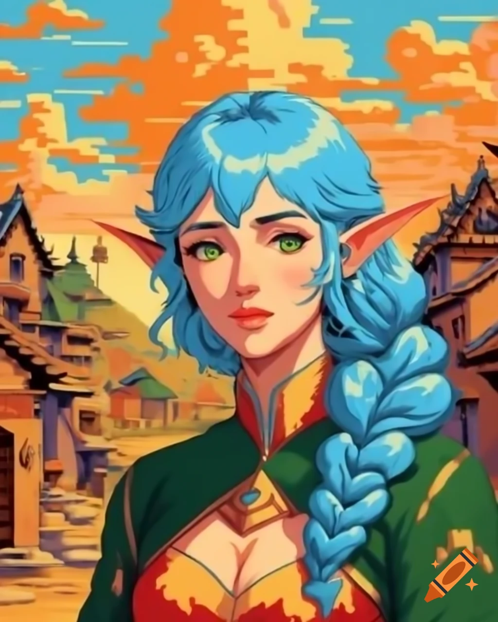 1990 retro impressionist pixel art of blue-haired demi-elf in nomad village