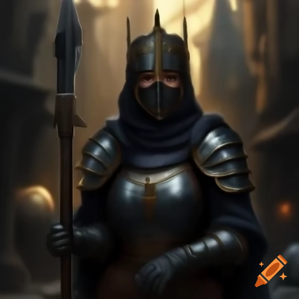 Female knight in medieval black armor holding halberd in city