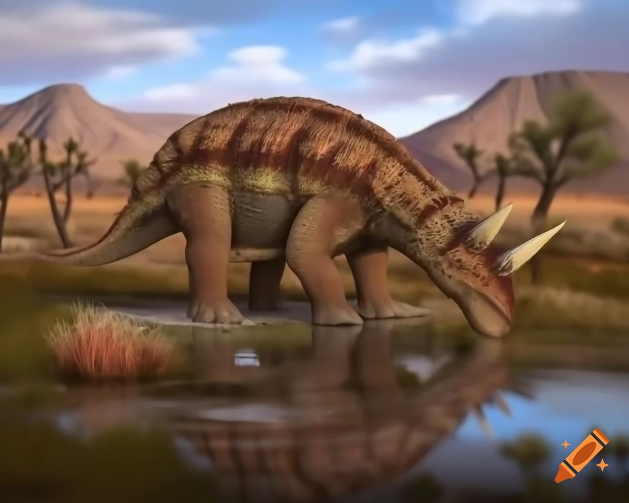 Cinnamon and brown striped ankylosaurus drinking at desert pond in Badlands landscape