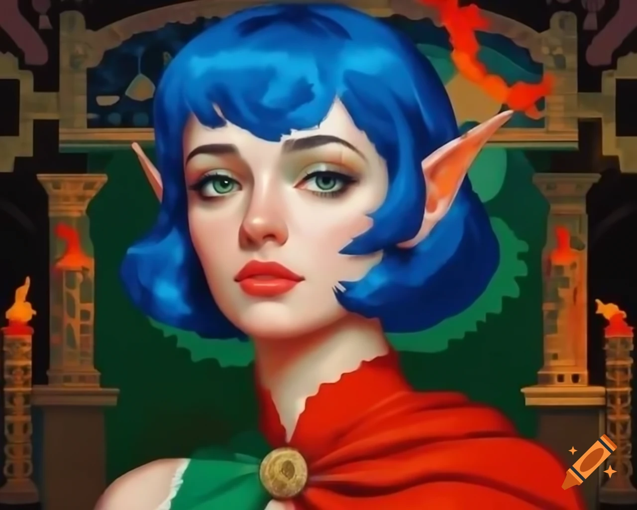 Retro impressionist pixel art portrait of blue-haired demi-elf in nomad village
