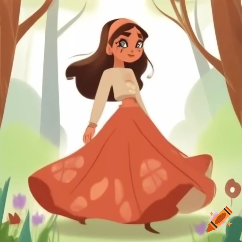 Young woman in terracotta skirt and beige cropped top, cartoon style