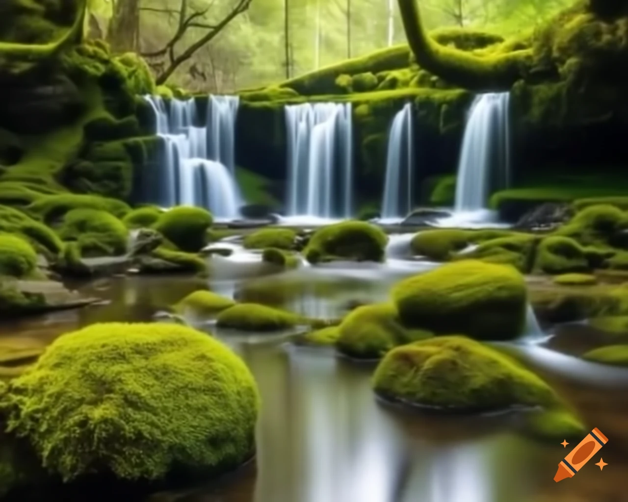 Mossy river with waterfall and detailed reflections, vibrant mushrooms