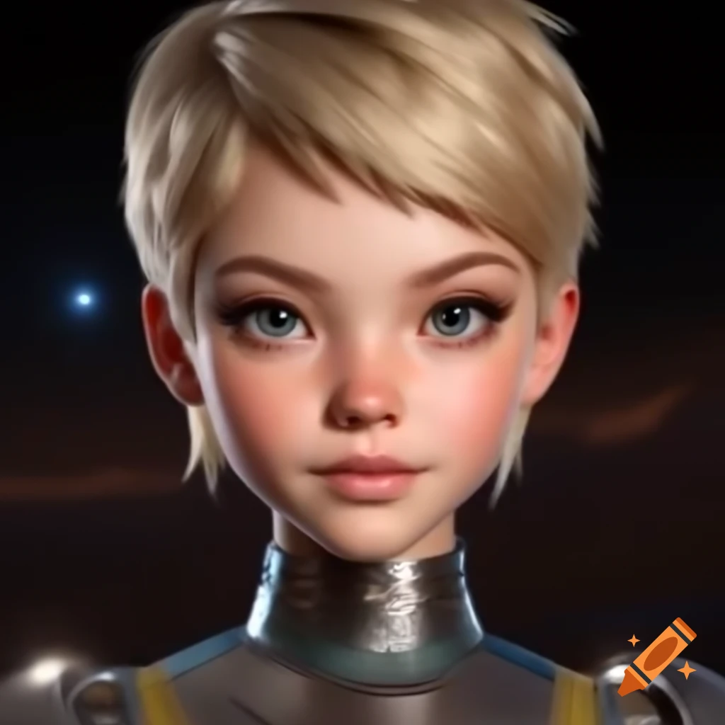 Feminine space schoolgirl with pixie cut and metallic sci-fi outfit, ultra-realistic