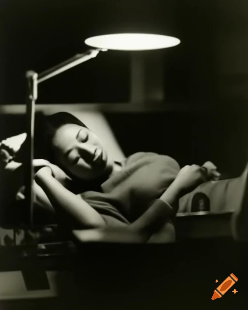 1960 vintage photo of Chinese office lady sleeping in nightlife office with detailed facial features