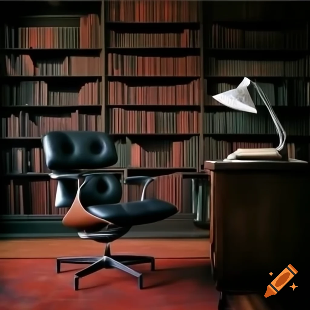 Impressionist dark wood study with library, Eames chair, reading lamp, and globe