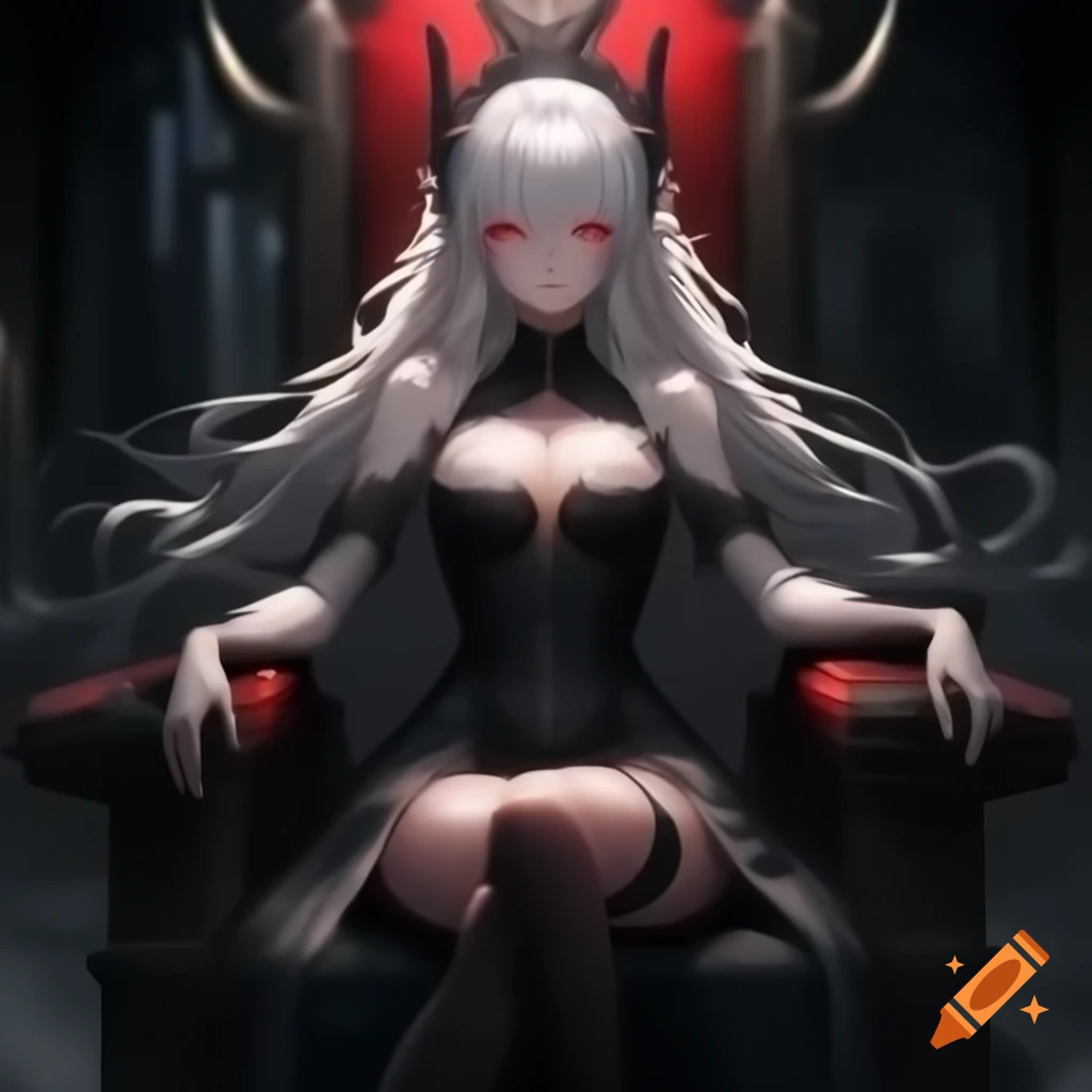 Anime character with red eyes and white hair sitting on throne at night, depicting sadness