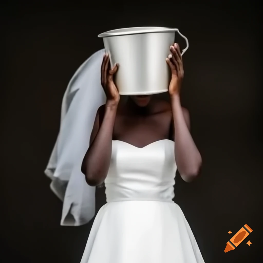 Bride playfully using a bucket as a hat