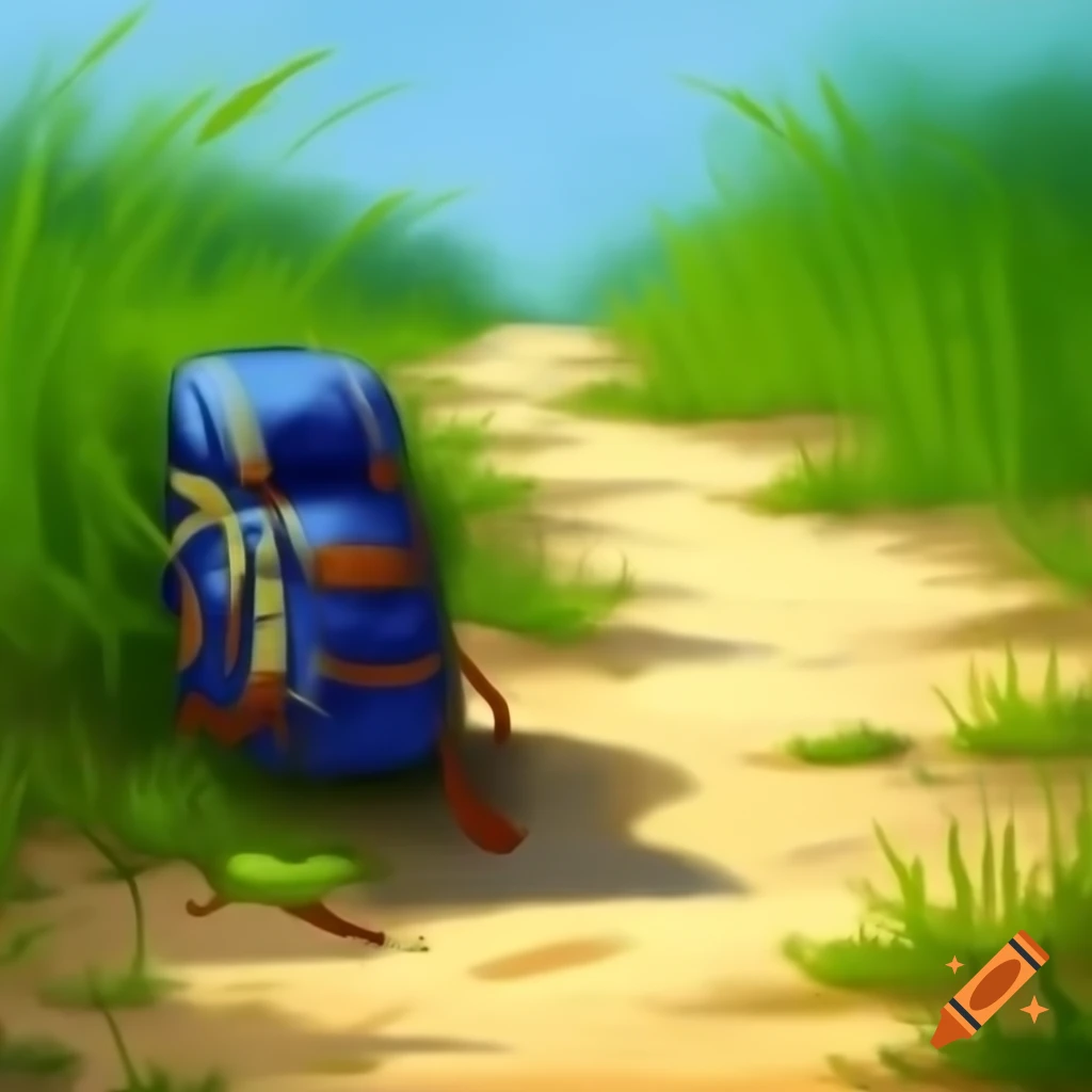 Rucksack on sandy path through lush vegetation, oil painting style