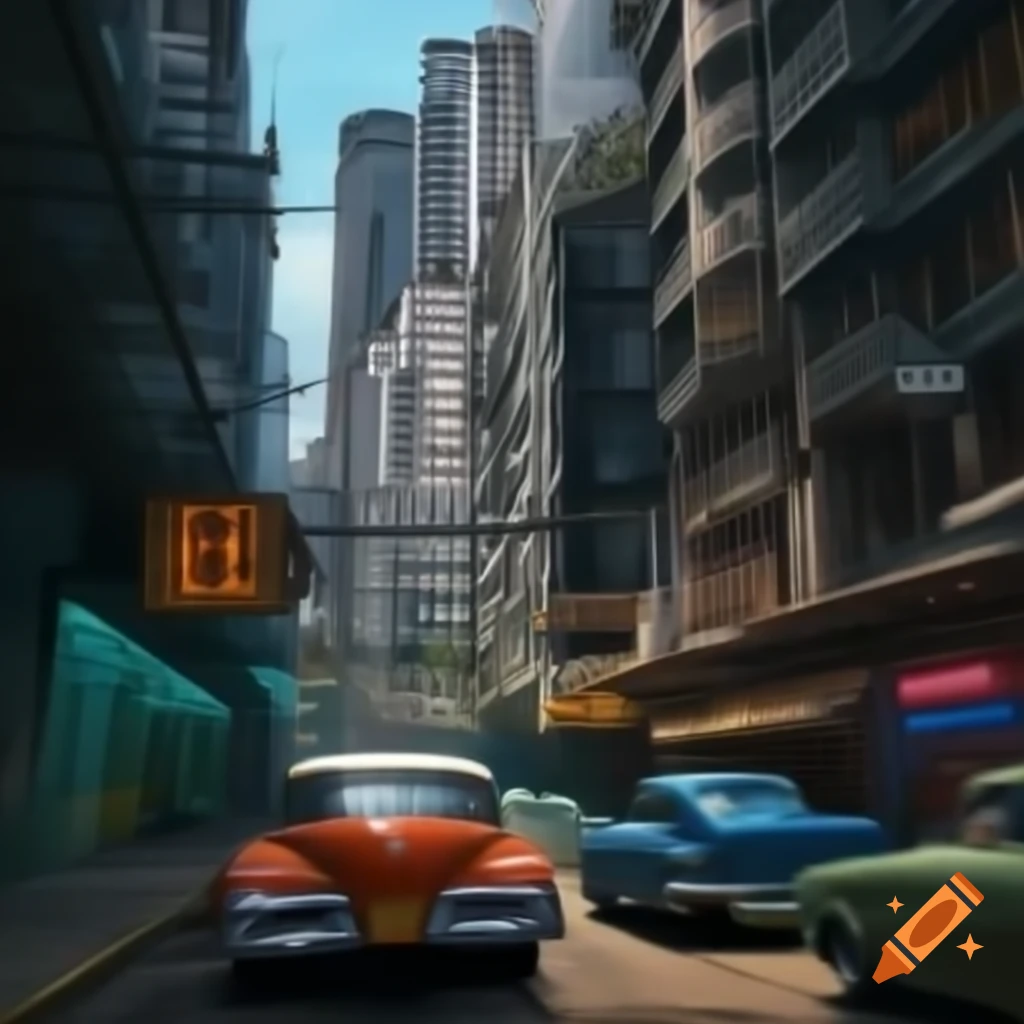 Urban landscape of Rio de Janeiro featuring futuristic architecture and vintage elements