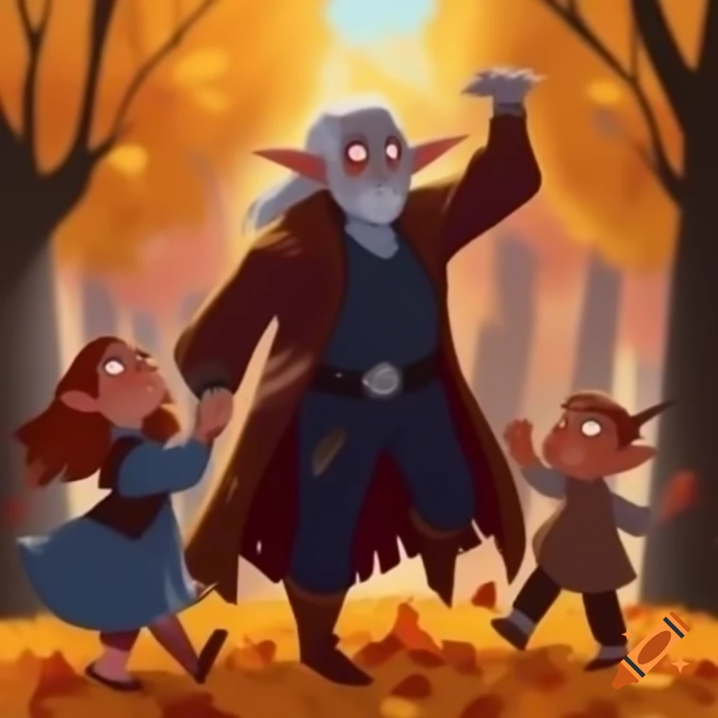 DND villain and family dancing in autumn leaves