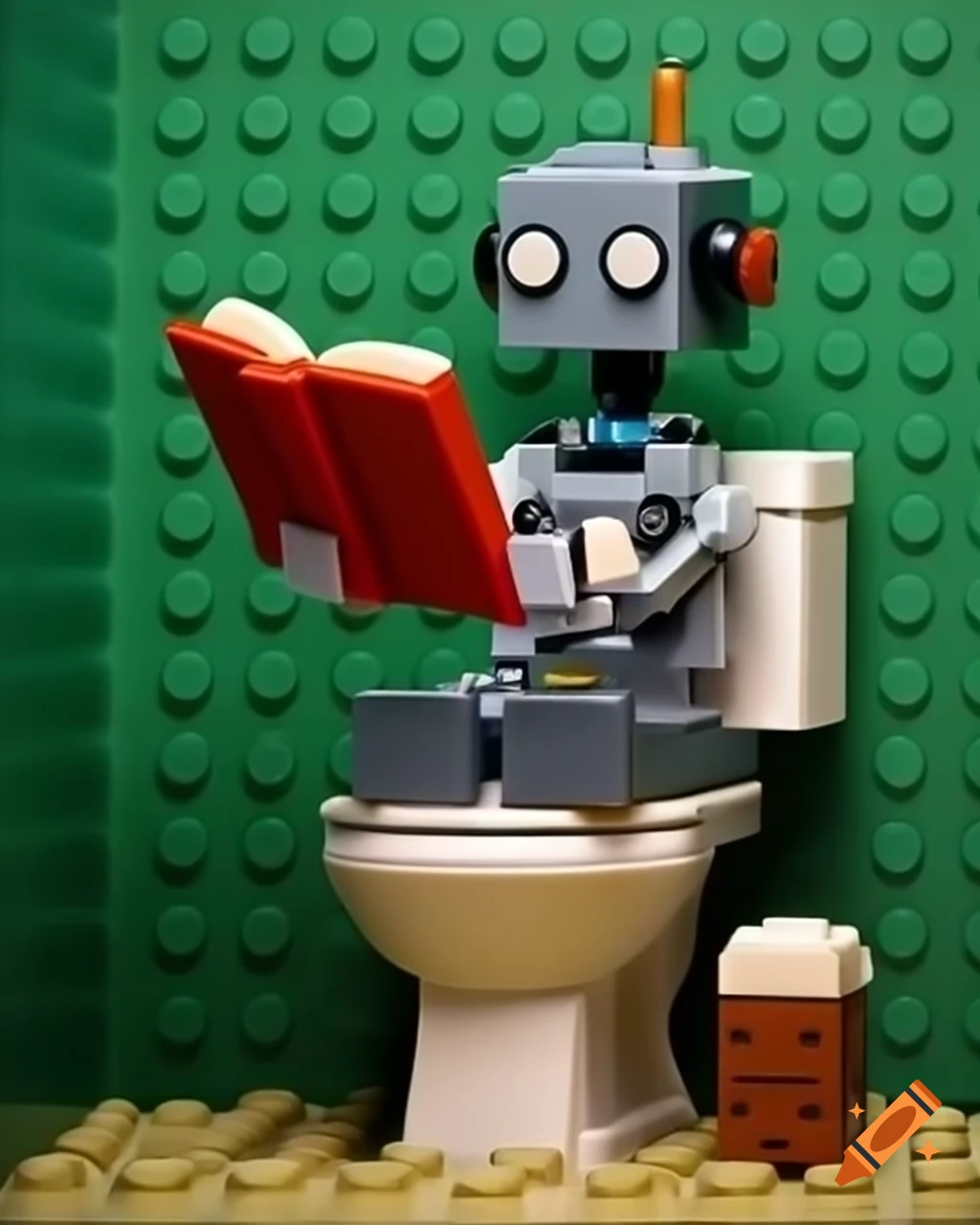 LEGO robot figurine reading a book while sitting