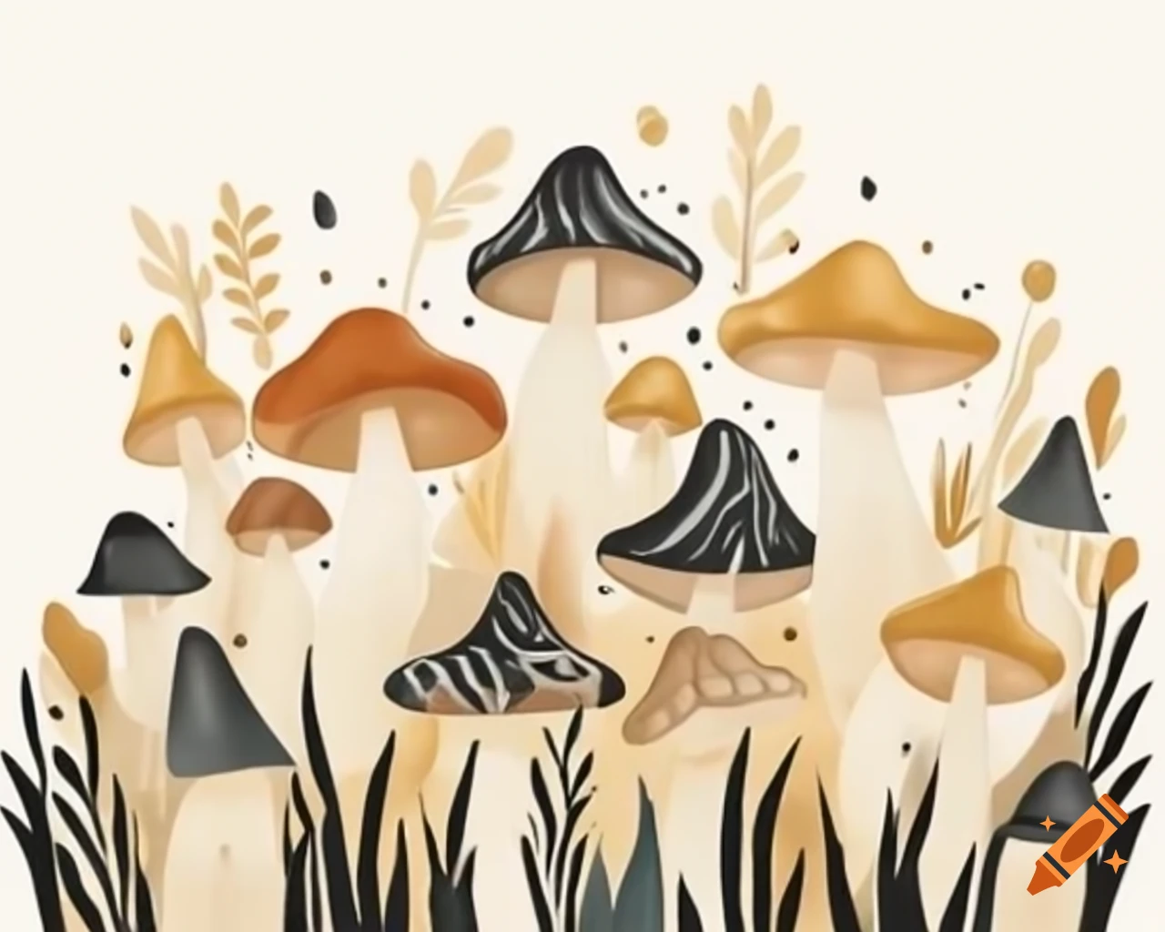 Watercolor mushroom houses in black and gold storybook style