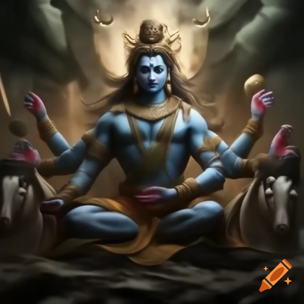 Arjuna in Vajrasana position with a deep expression, foreground scene
