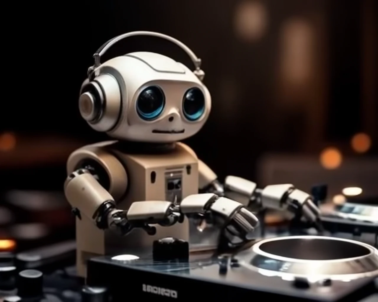 Hyper realistic photography of a miniature robot DJ