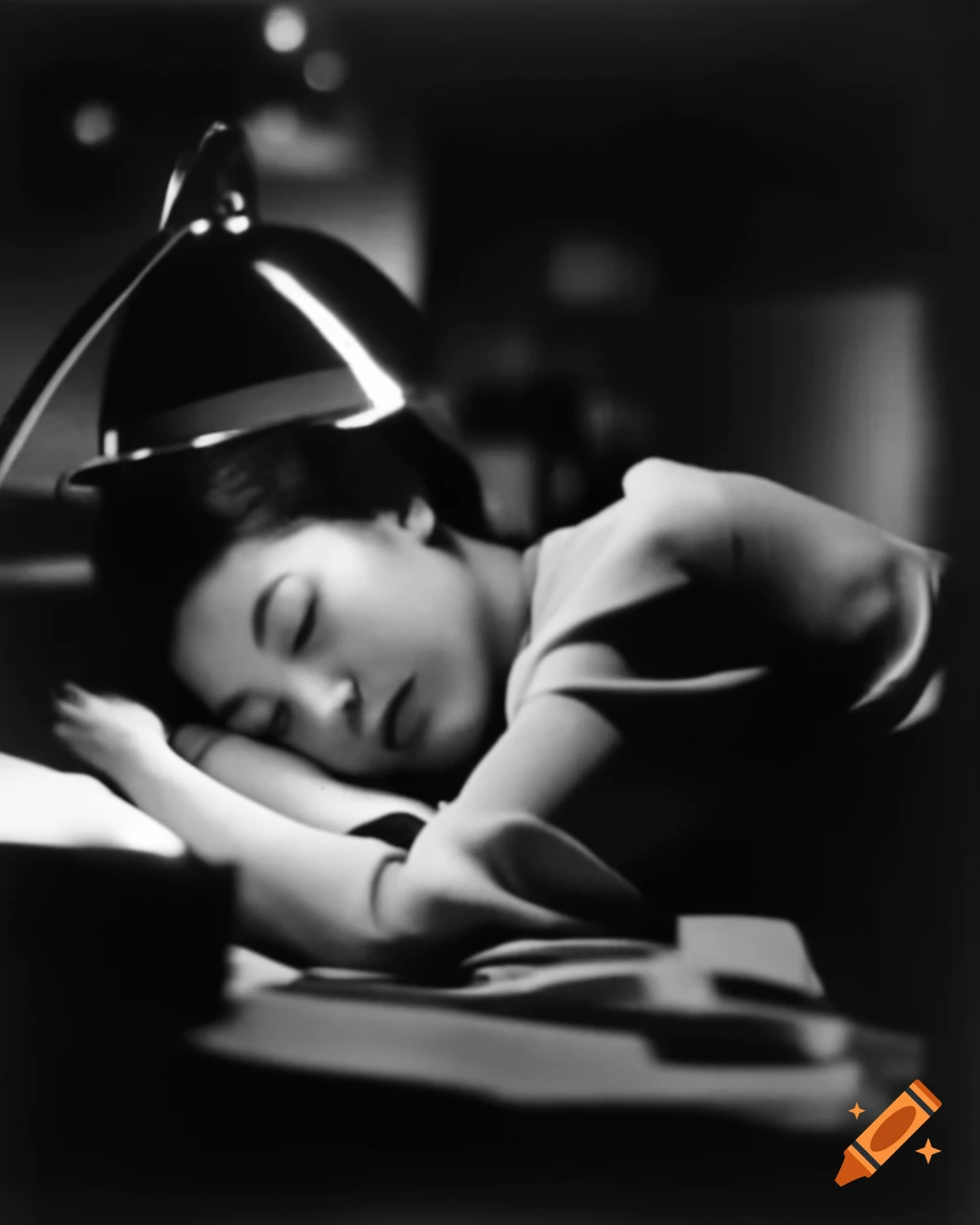 Award-winning vintage photo of a Chinese office lady sleeping in nightlife office, detailed face features