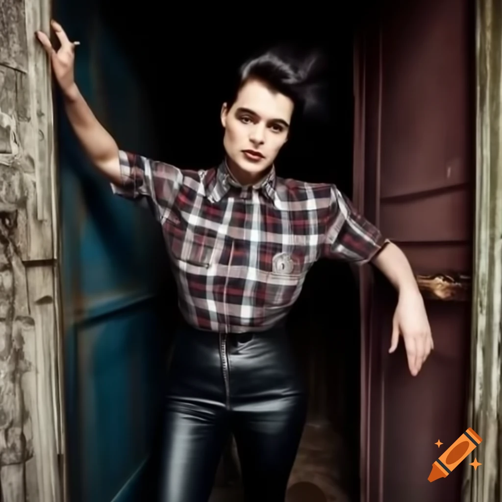 Punk-rocker with mohawk hairstyle in plaid shirt and leather trousers