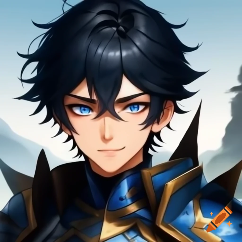 Anime character with black hair and blue eyes in armor