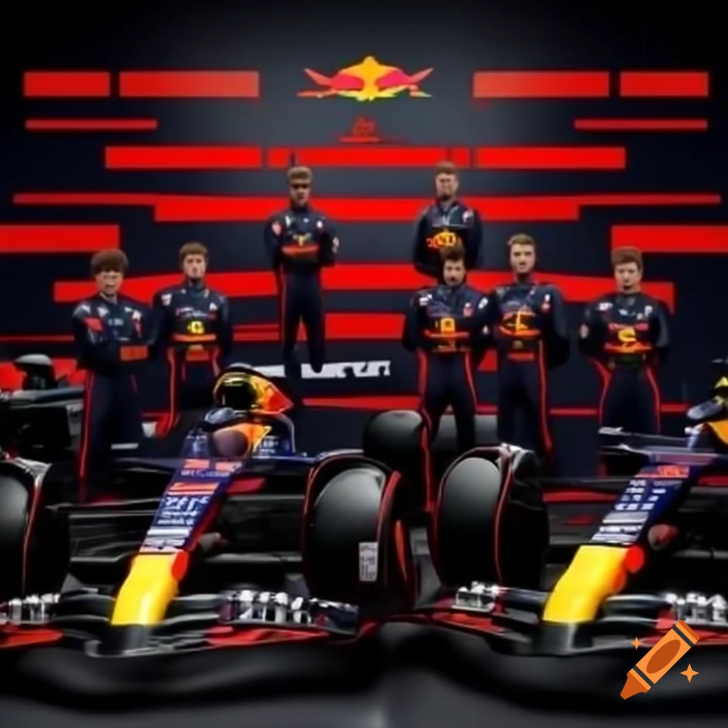 Red Bull F1 drivers competing in front of Red Bull cars