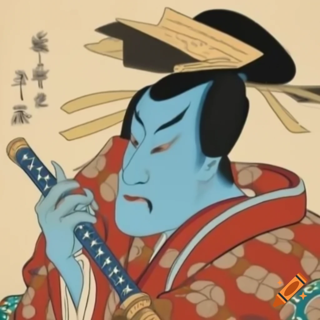 Young man with blue skin and hair in Edo period attire holding katana, manga woodblock style