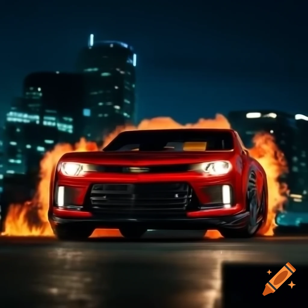 Dark red Chevy Camaro with flames and city lights at night