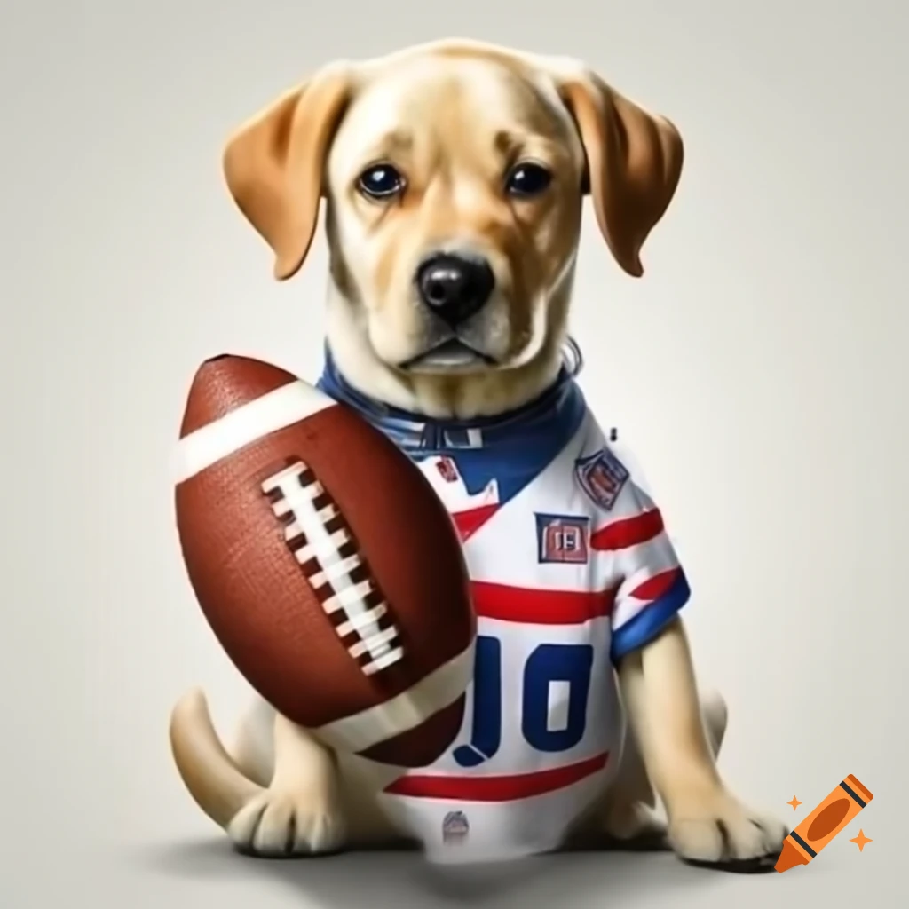 Labrador retriever in football jersey featuring logo, digital art