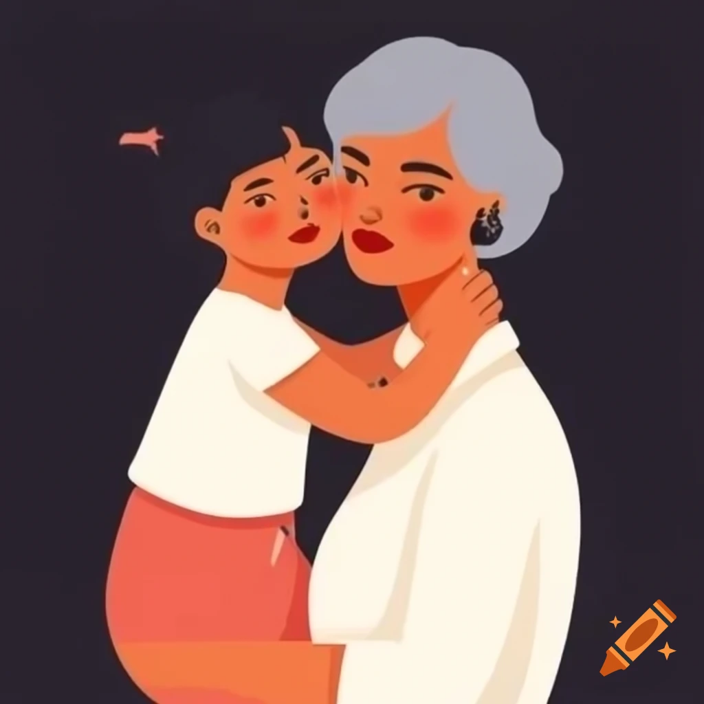 Mother with gray hair hugging her tall daughter with black hair, warm embrace
