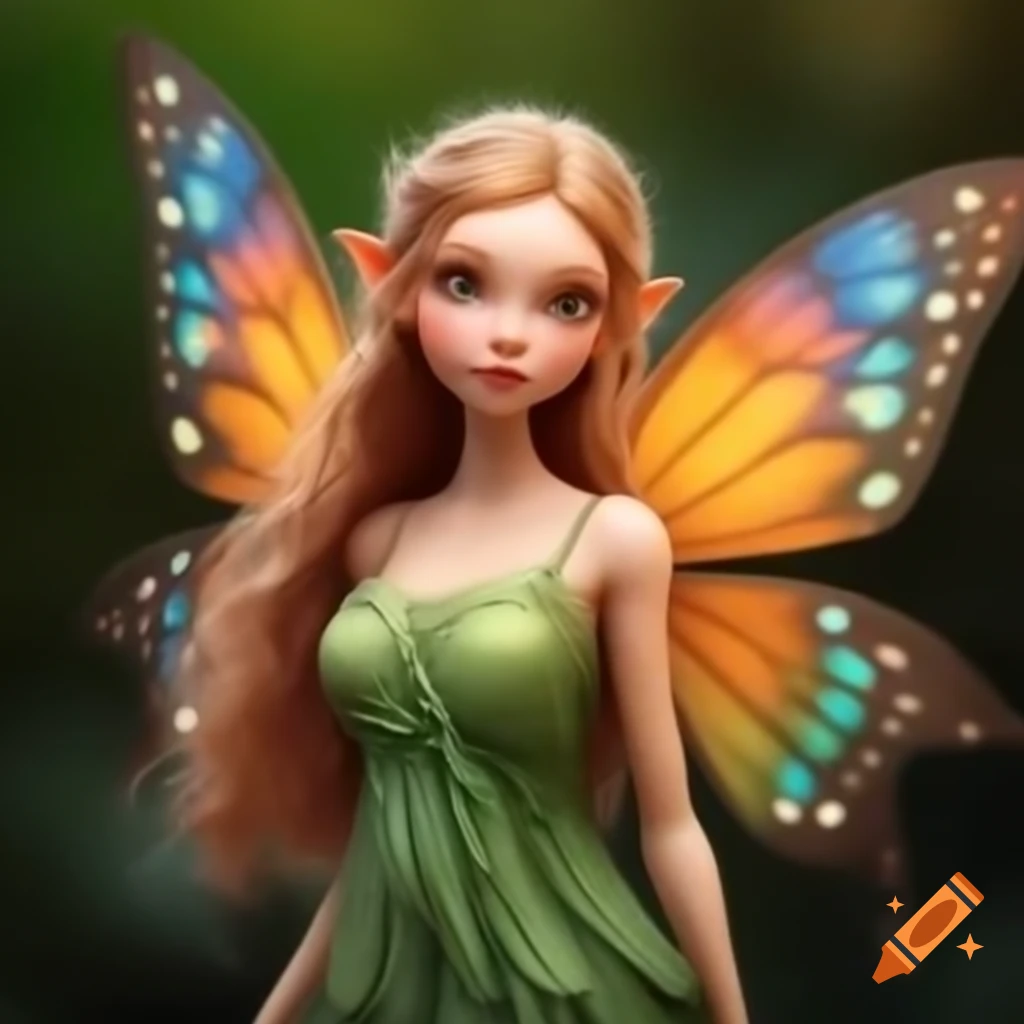 Realistic female fairy with honey-colored hair and butterfly wings in a green dress