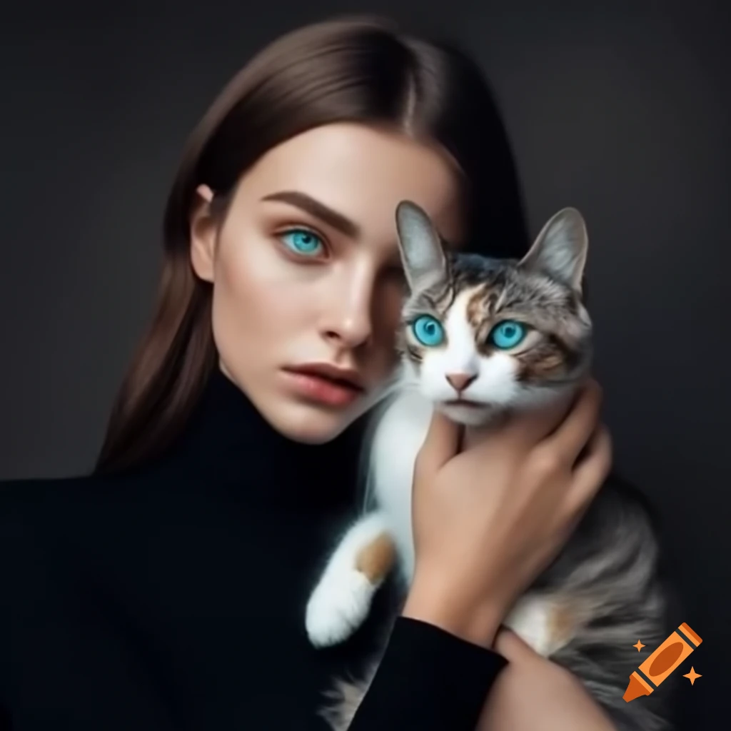Brunette girl with turquoise eyes holding a calico cat in Siberia