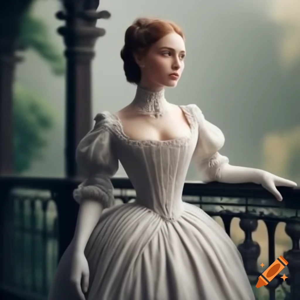 Elegant lady in Victorian gown standing on balcony