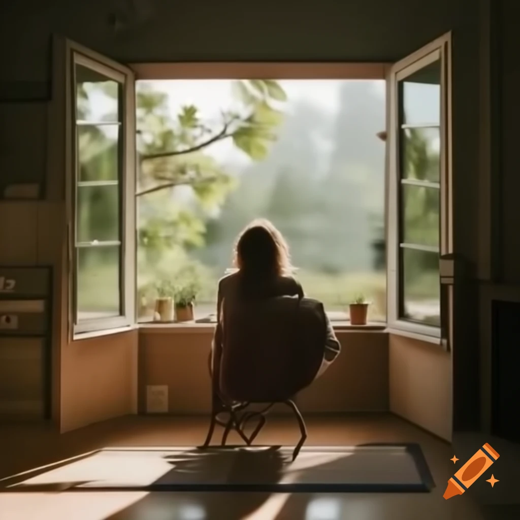 Woman sitting in armchair looking out at garden with tree