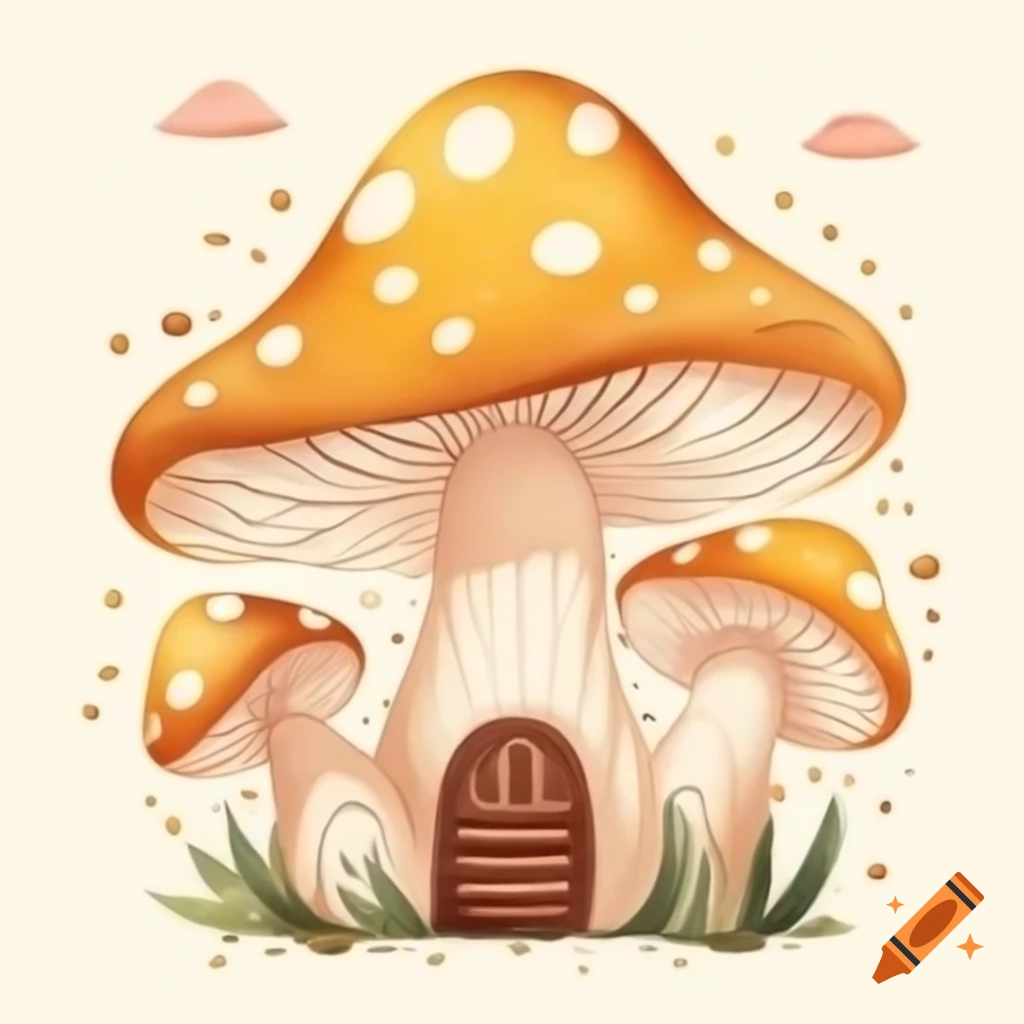 Watercolor mushroom house in mustard and brown storybook style