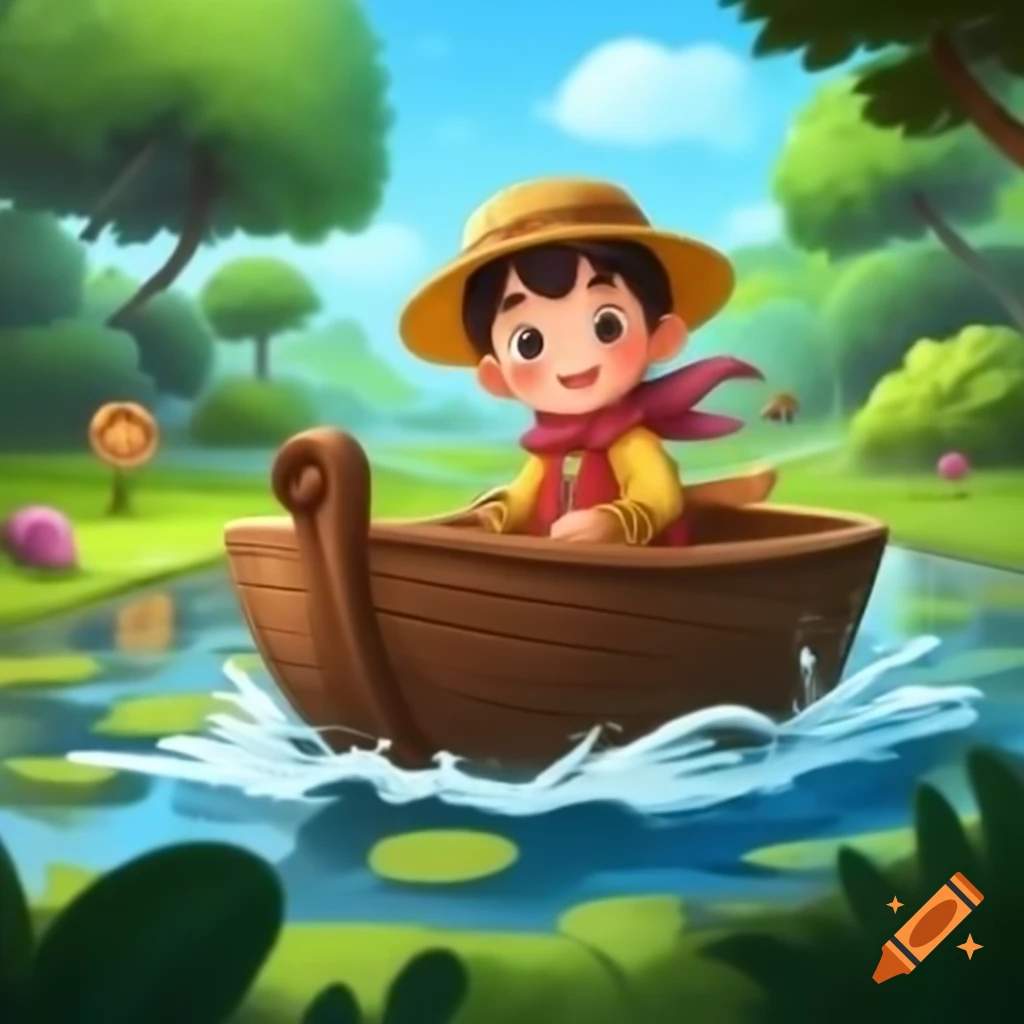 Adorable child riding a boat in a giant puddle in a garden, manga style