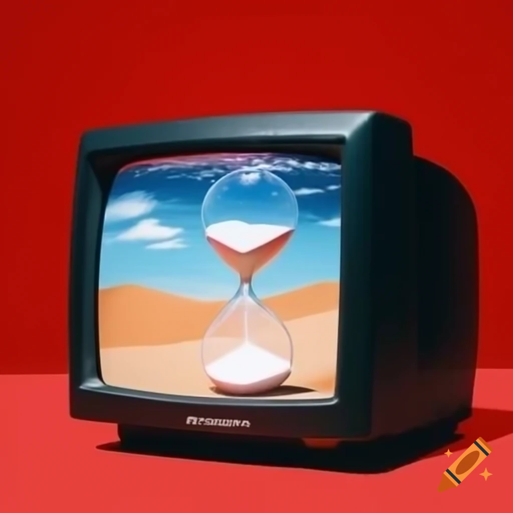 Black CRT TV displaying hourglass with white sand on red background