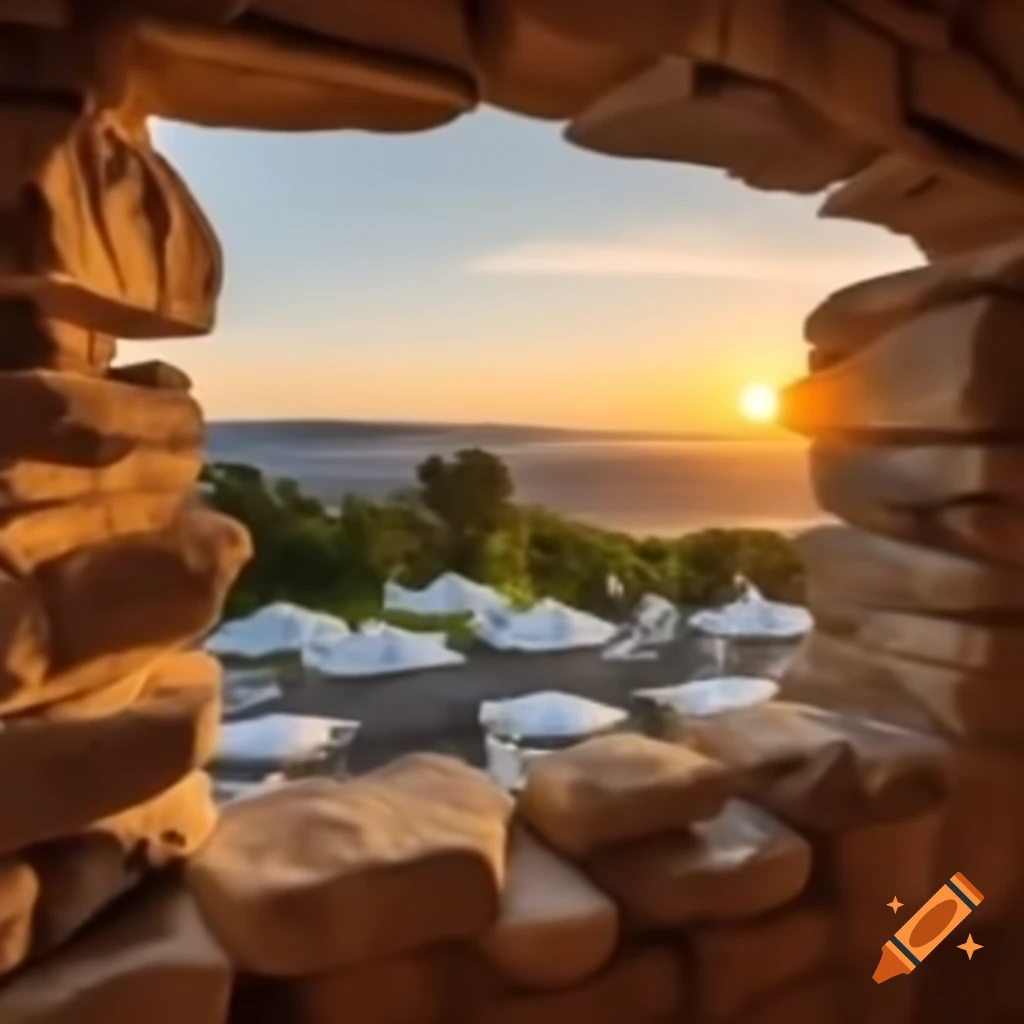 Stone hotel overlooking the sea at sunset