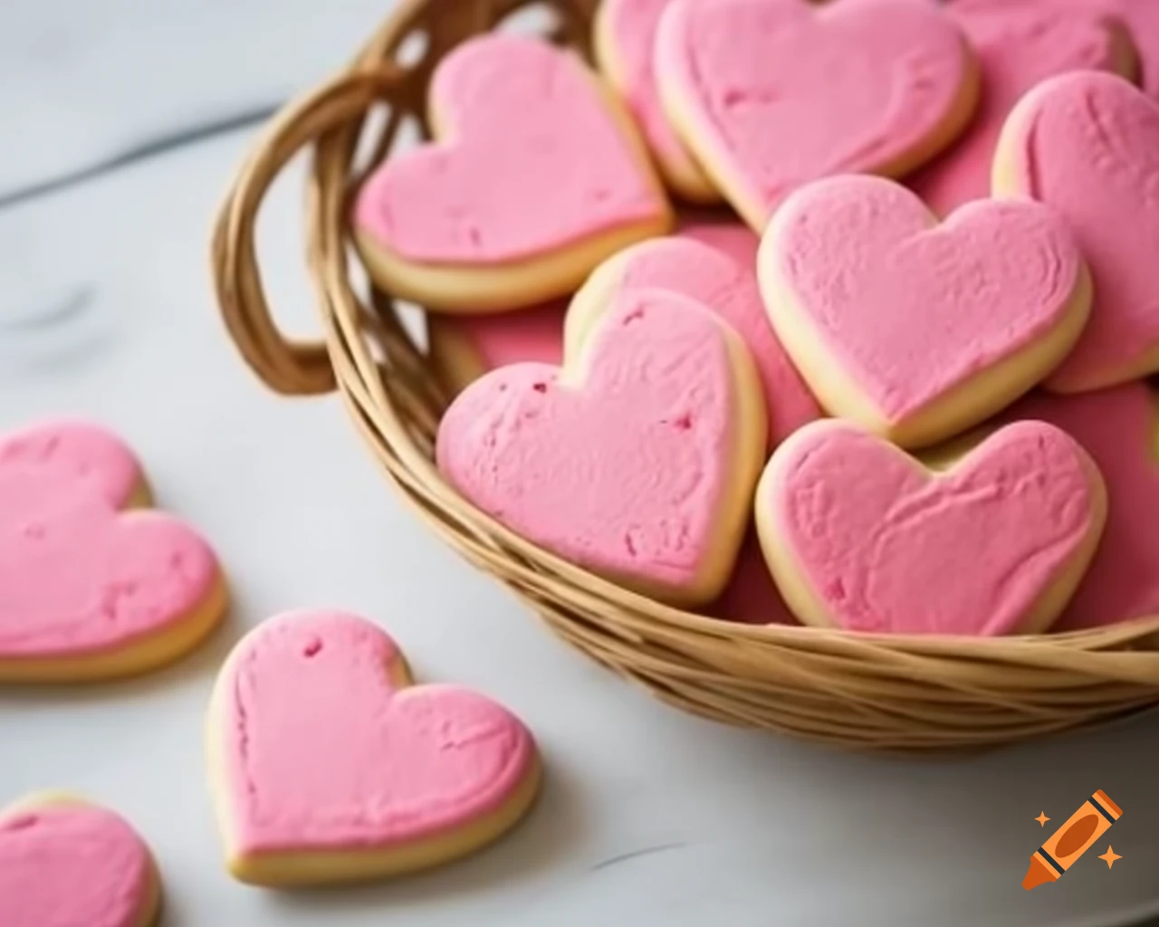 Aesthetic photography of a basket filled with heart-shaped cookies