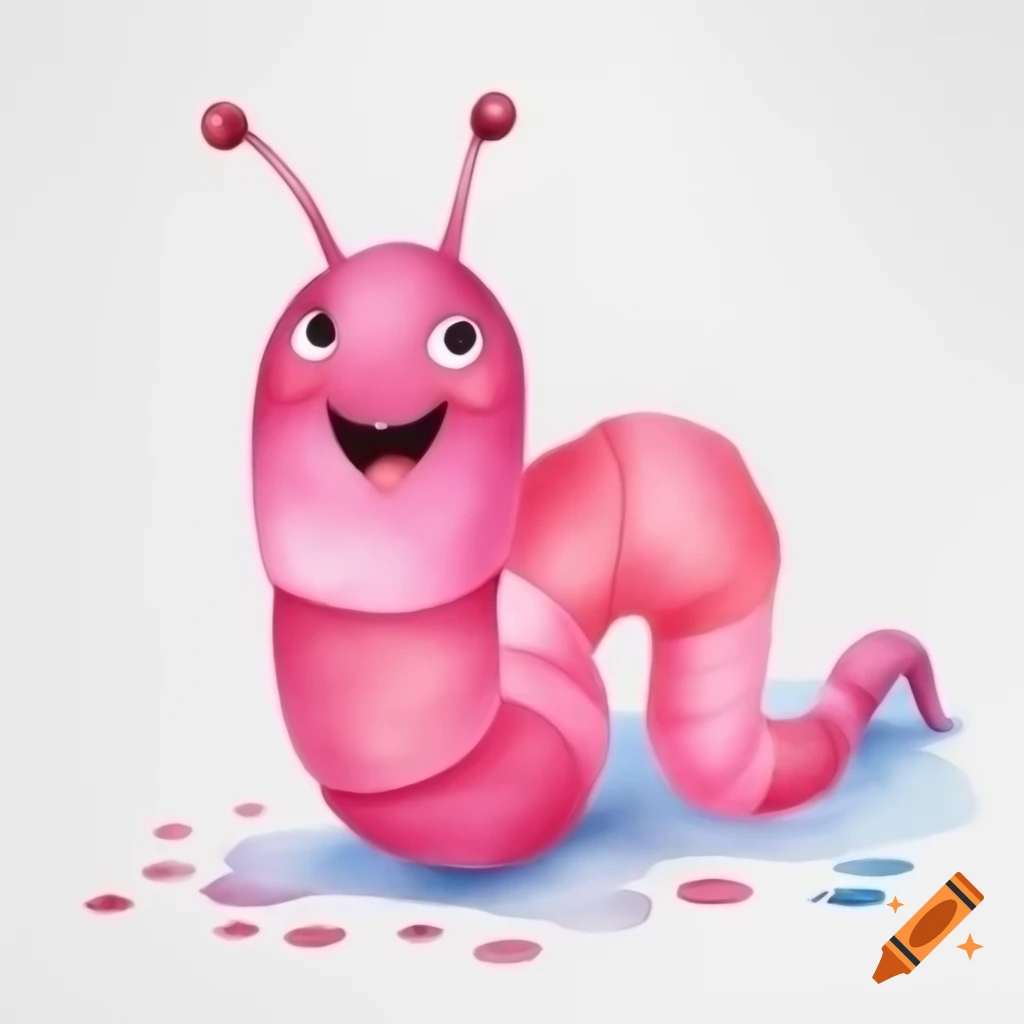 Pink earthworm on white background, watercolor style