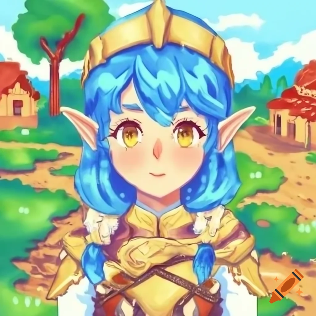 1990 retro impressionist watercolor portrait of blue-haired demi-elf in nomad village