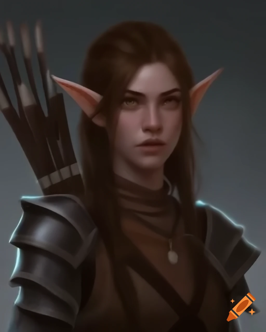High elf female bard with brown hair and blue eyes in red and black