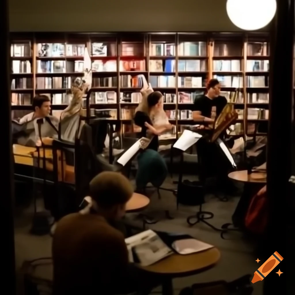 Bookstore cafe with live jazz band and person reading