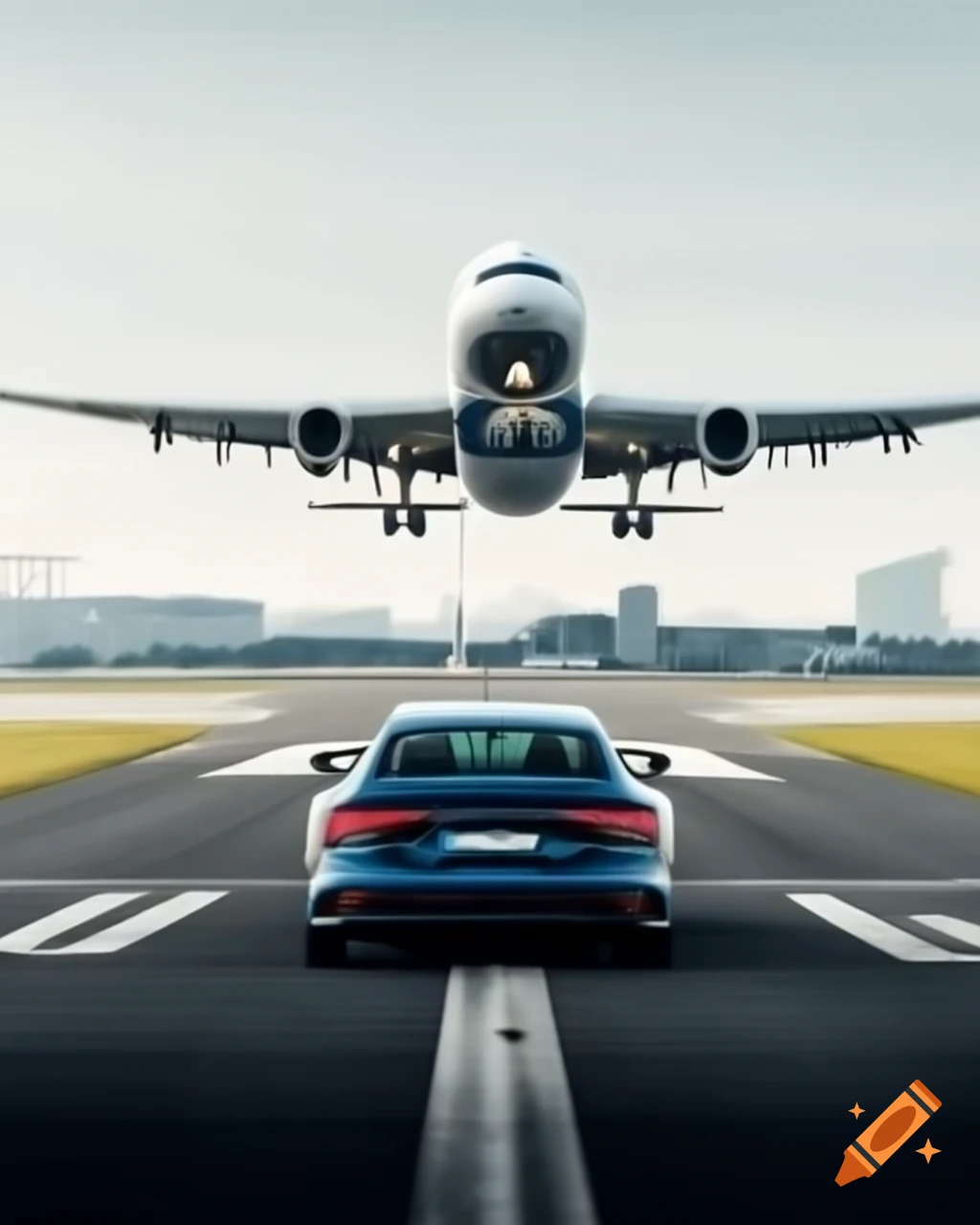 Audi RS7 on Vienna airport runway with planes taking off