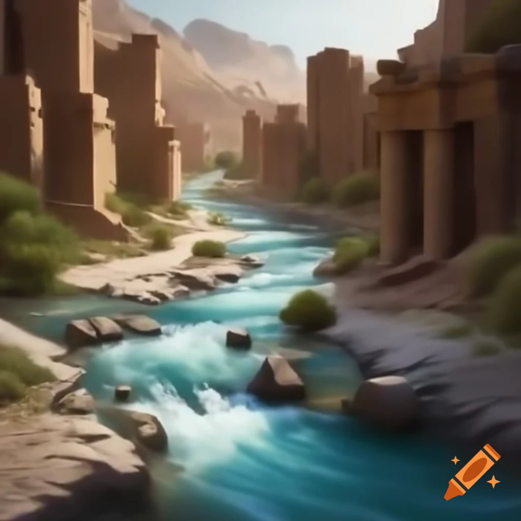 River flowing through ancient Sumer landscape