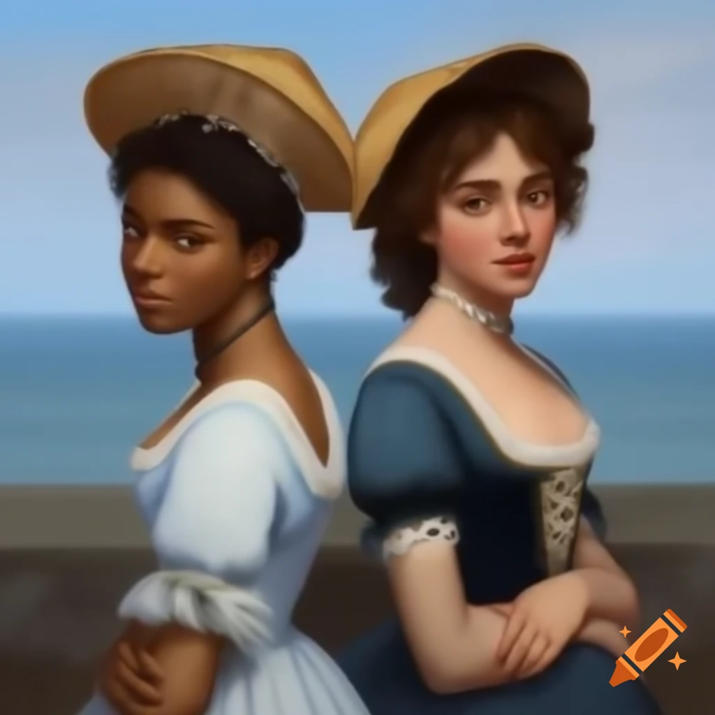 Two women in 1820s English regency attire with parasols, leaning together