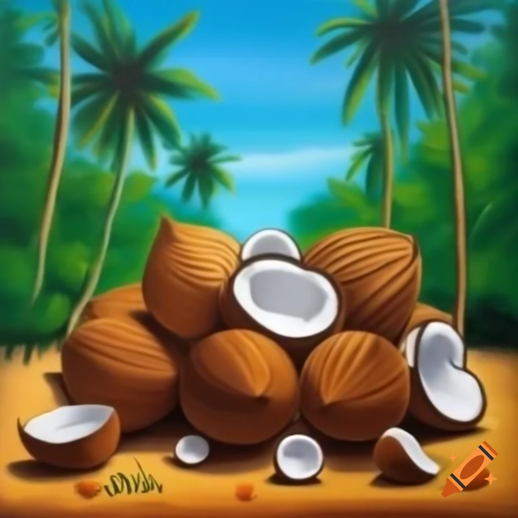 Coconut shells in clearing on tropical island, detailed painting by Thomas Kinkade