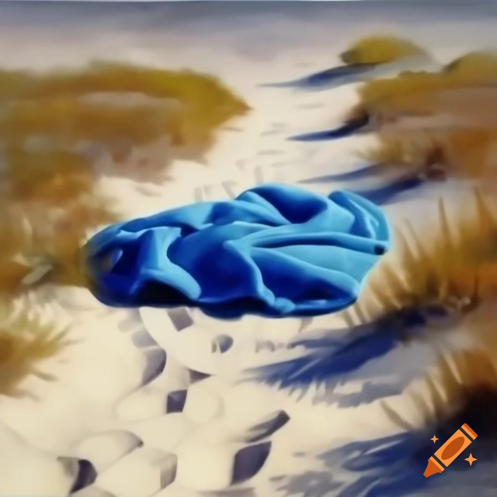Crumpled blue towel on sandy path through vegetation, oil painting style