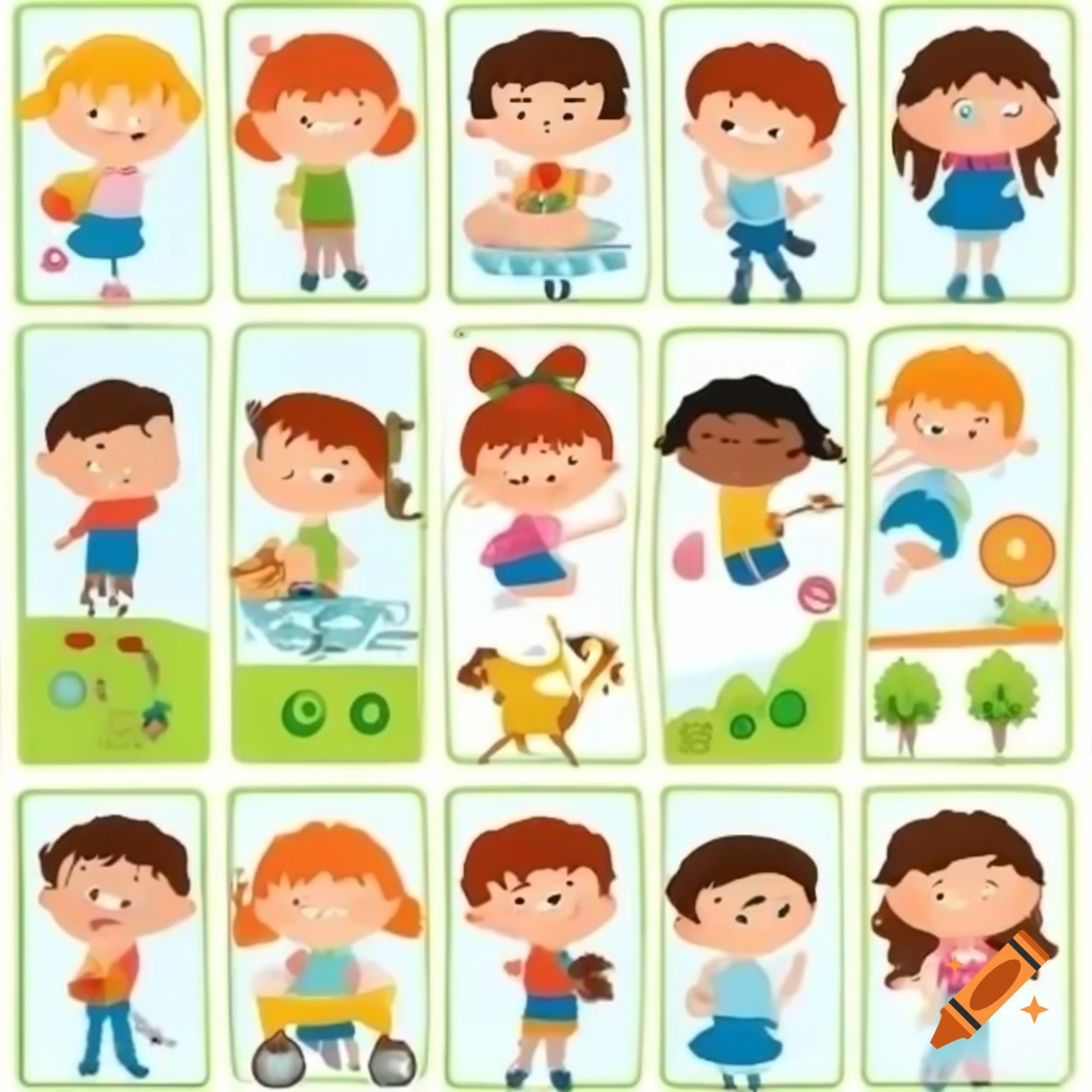 Cartoon frames depicting first grade kids in various activities