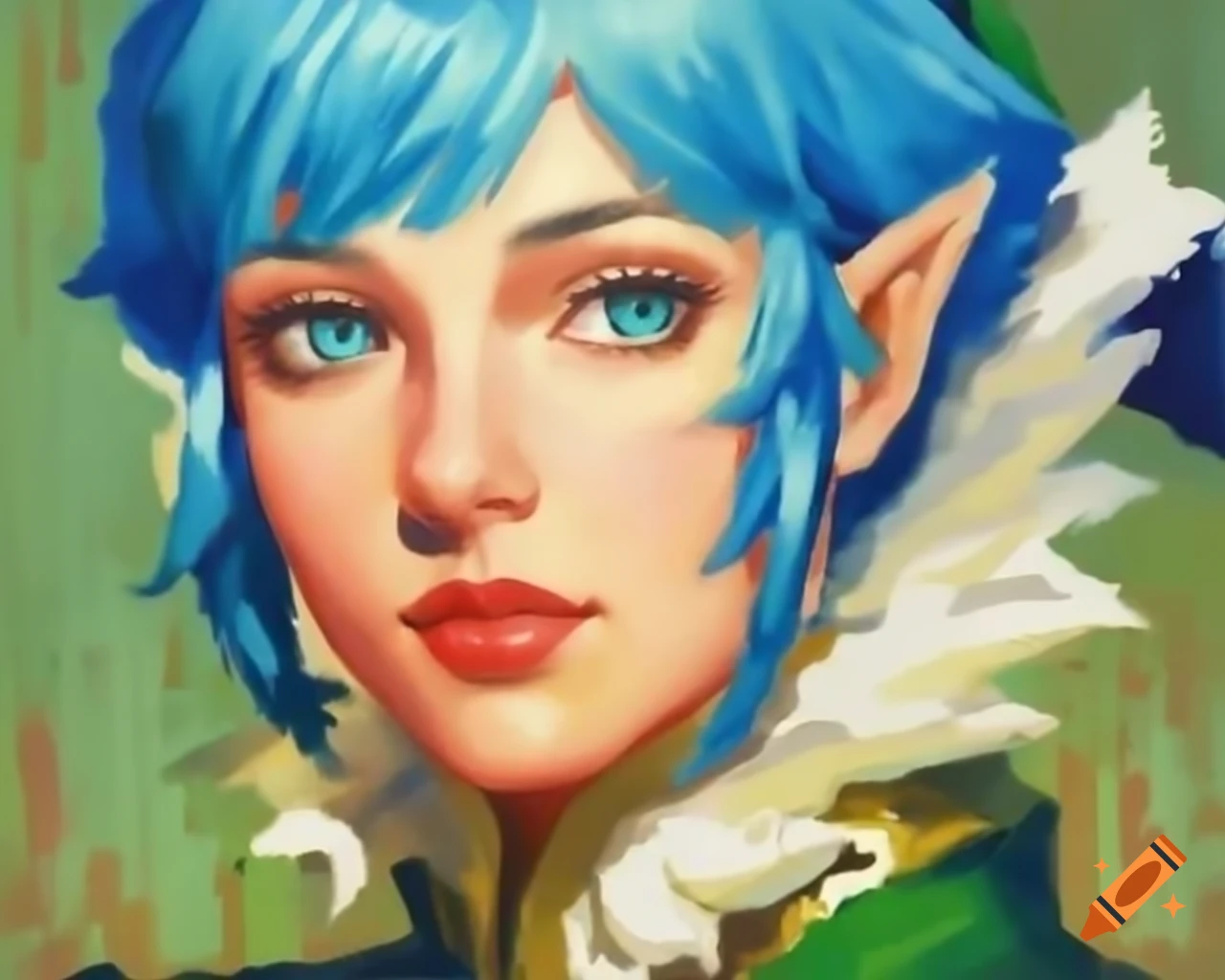 Retro pixel art portrait of blue-haired demi-elf in nomad village