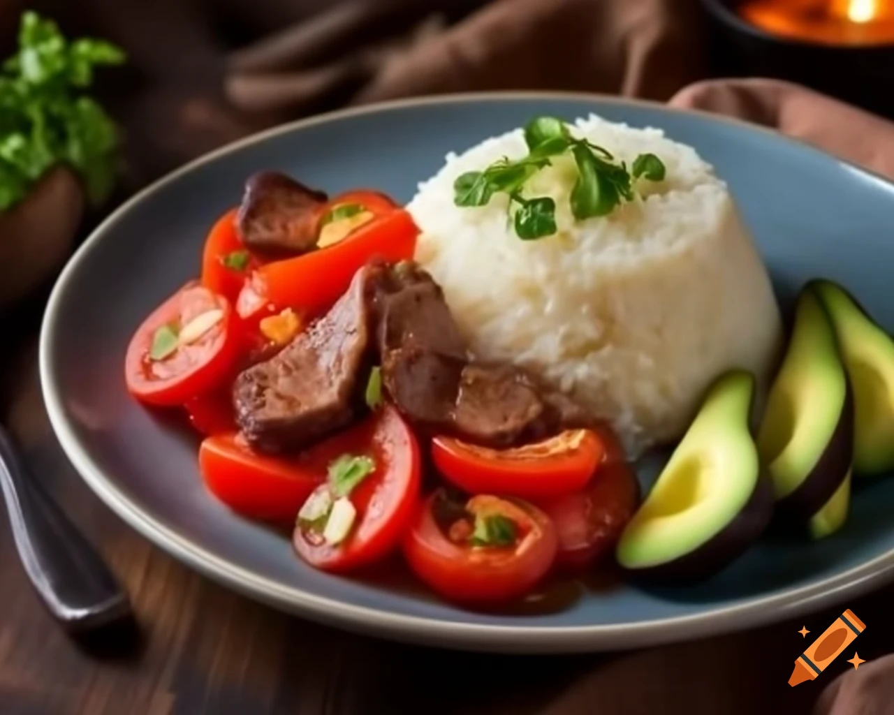 Plate of rice with fried tomato, avocado salad, and seasoned onion steak in professional food photography
