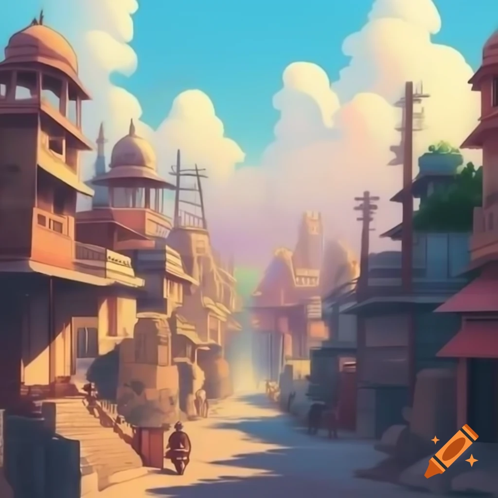 Colorful Indian city skyline illustrated in tintin comics style
