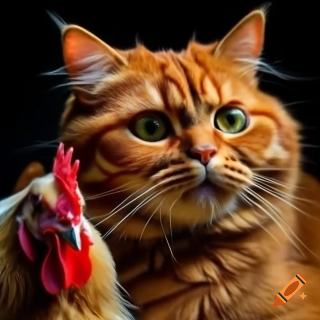 Red cat with fluffy fur interacting with a chicken