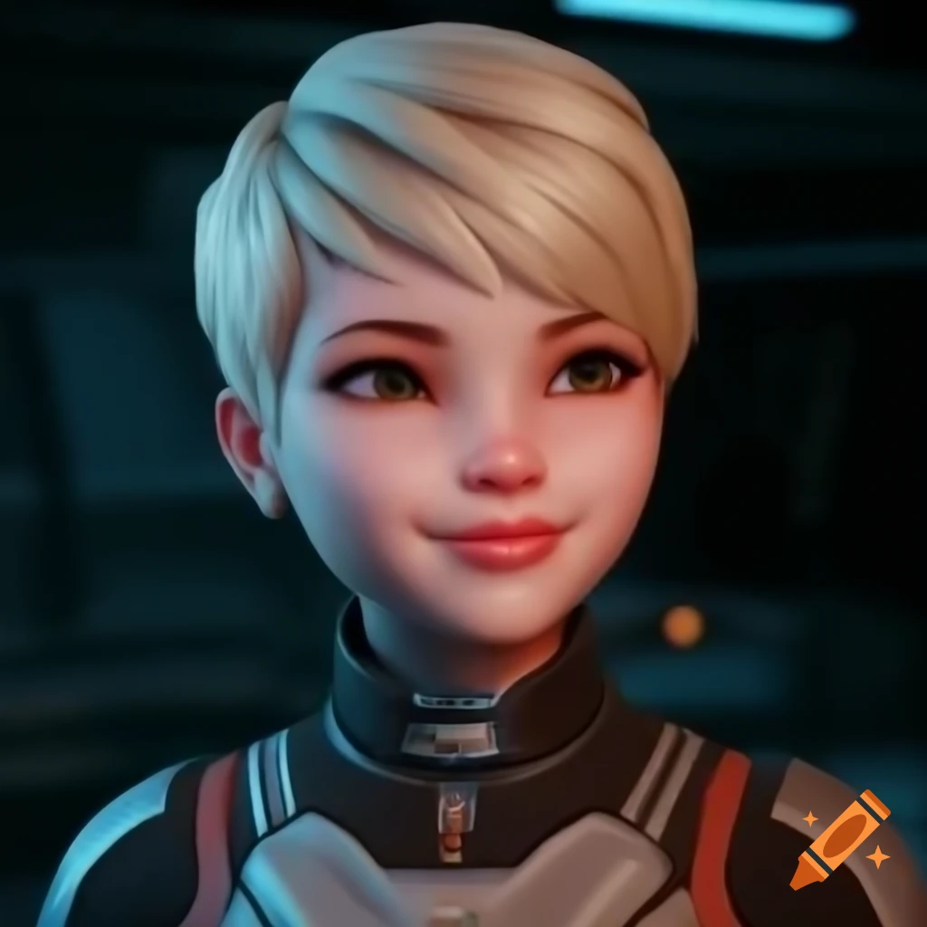 Feminine space schoolgirl with pixie cut and metallic sci-fi outfit, ultra-realistic